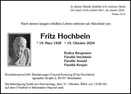 Traueranzeige von Fritz Hochbein von Wiesbadener Kurier