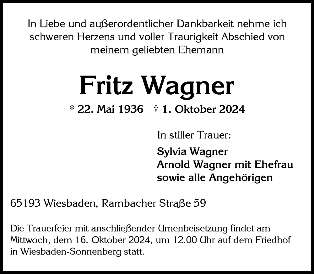  Traueranzeige für Fritz Wagner vom 12.10.2024 aus Wiesbadener Kurier