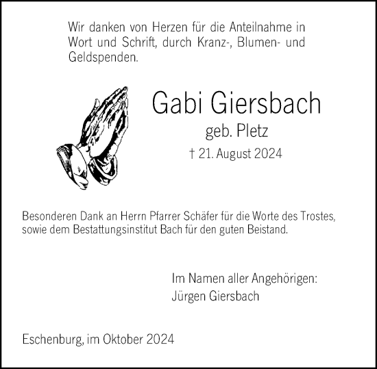 Traueranzeige von Gabi Giersbach von Dill Block