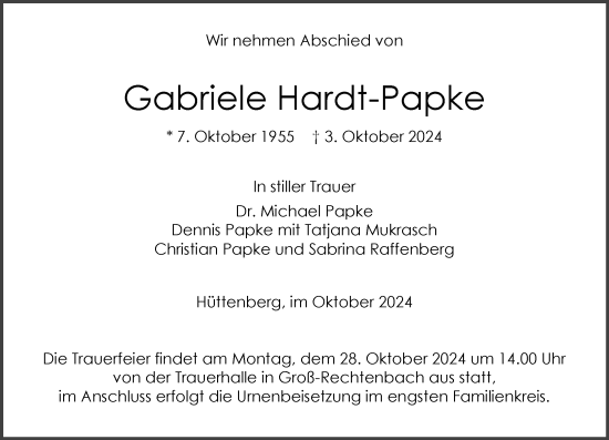 Traueranzeige von Gabriele Hardt-Papke von Wetzlarer Neue Zeitung