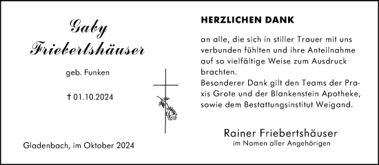 Traueranzeige von Gaby Friebertshäuser von Hinterländer Anzeiger