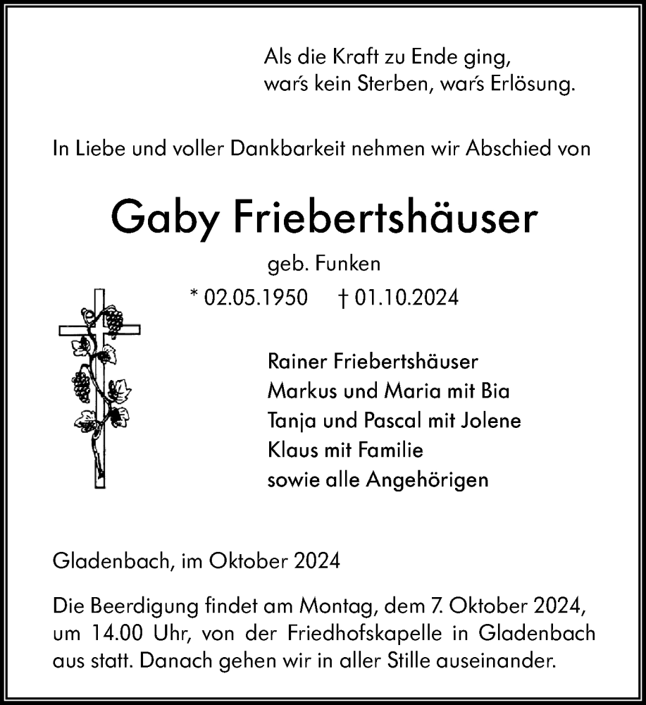  Traueranzeige für Gaby Friebertshäuser vom 04.10.2024 aus Hinterländer Anzeiger