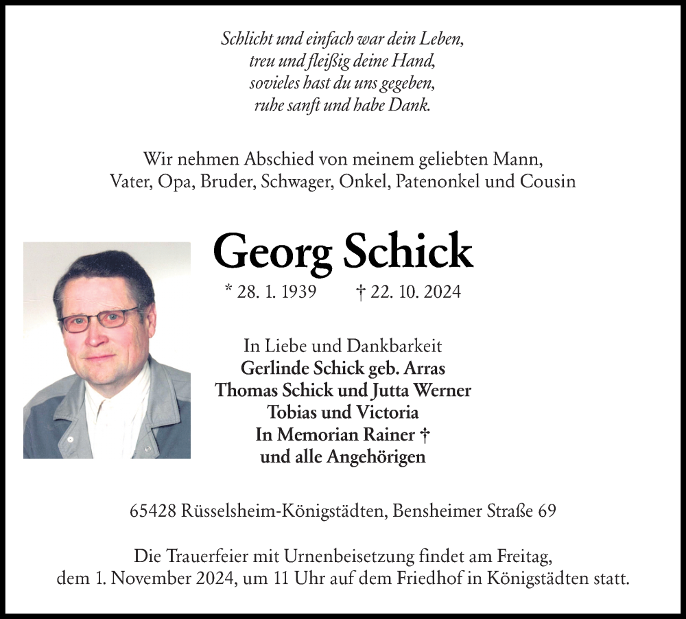  Traueranzeige für Georg Schick vom 26.10.2024 aus Rüsselsheimer Echo