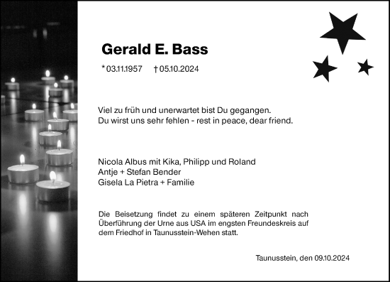 Traueranzeige von Gerald E. Bass von Wiesbadener Kurier