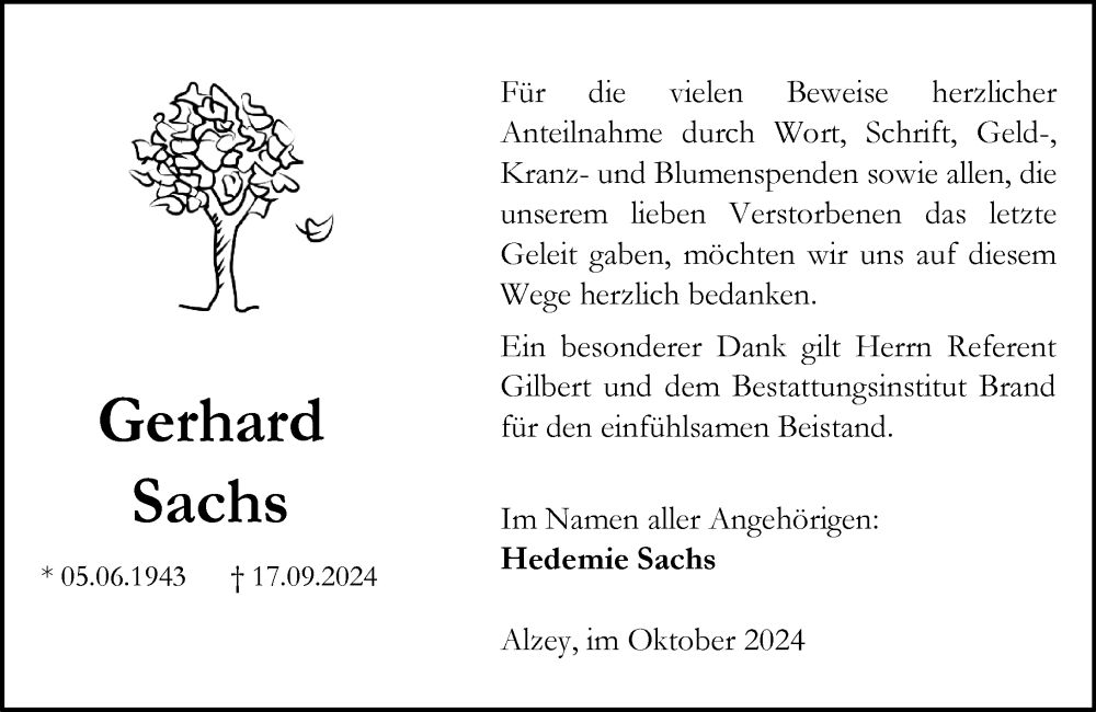  Traueranzeige für Gerhard Sachs vom 26.10.2024 aus Allgemeine Zeitung Alzey