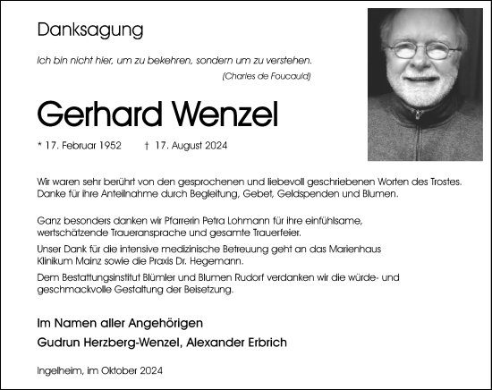 Traueranzeige von Gerhard Wenzel von Allgemeine Zeitung Rheinhessen-Nahe
