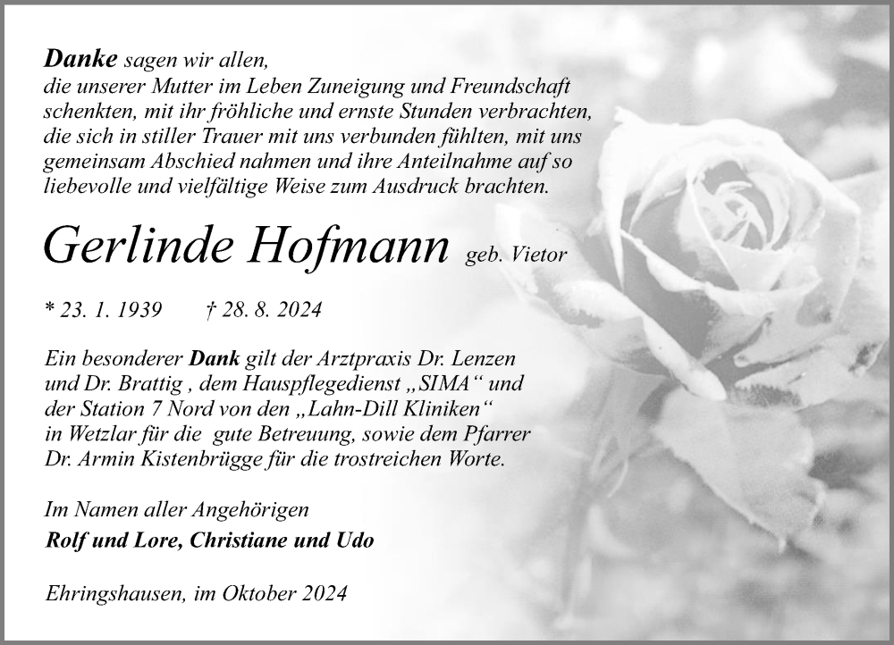  Traueranzeige für Gerlinde Hofmann vom 05.10.2024 aus Wetzlarer Neue Zeitung