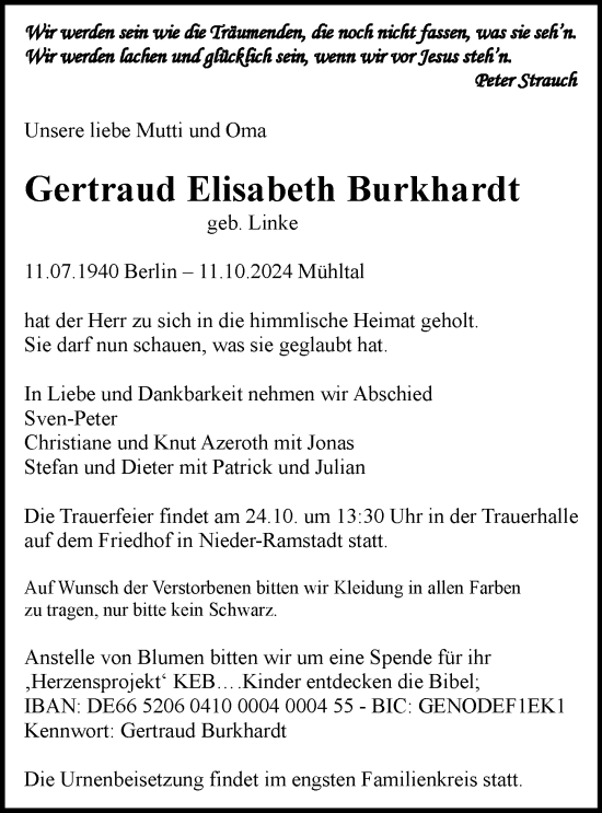 Traueranzeige von Gertraud Elisabeth Burkhardt von Darmstädter Echo