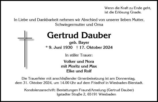 Traueranzeige von Gertrud Dauber von Wiesbadener Kurier