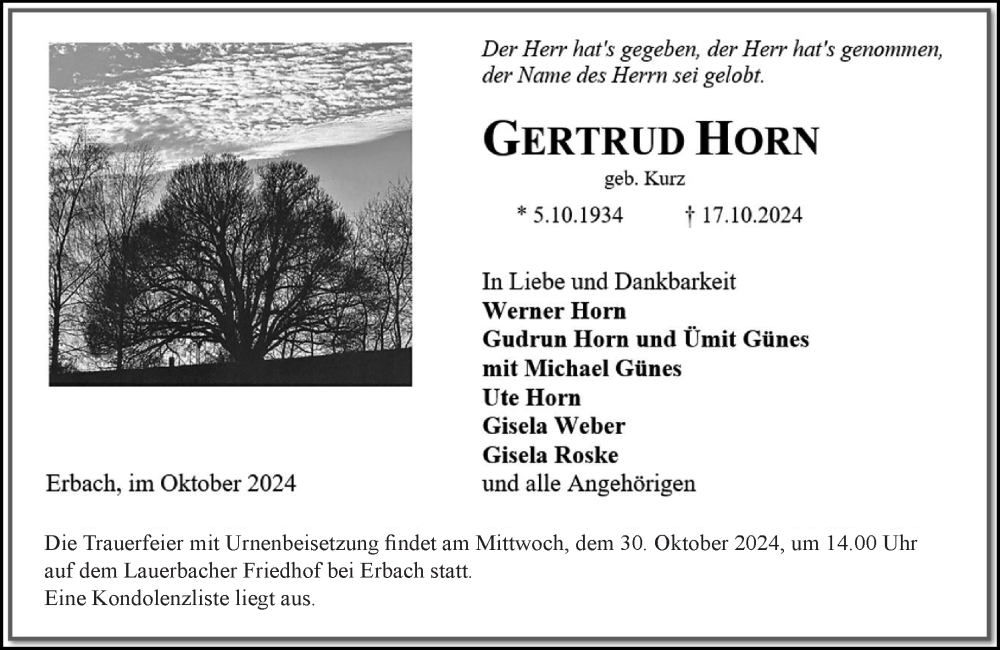  Traueranzeige für Gertrud Horn vom 26.10.2024 aus Odenwälder Echo