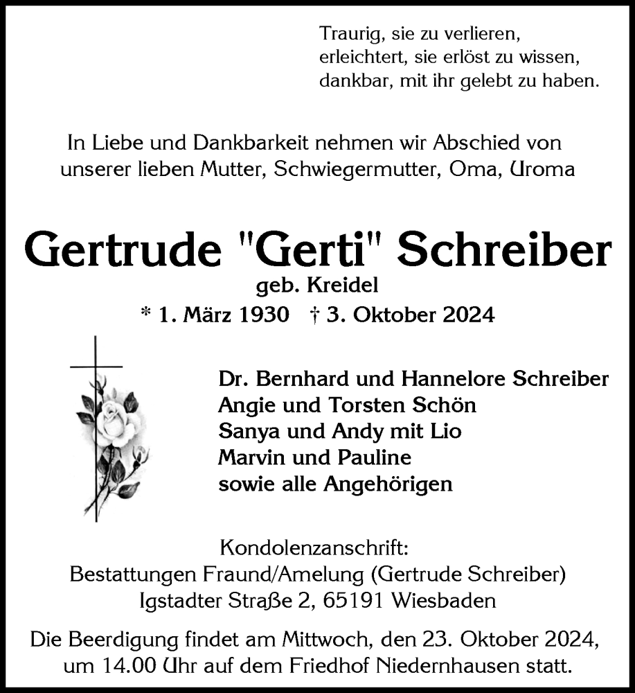  Traueranzeige für Gertrude Schreiber vom 12.10.2024 aus Wiesbadener Kurier