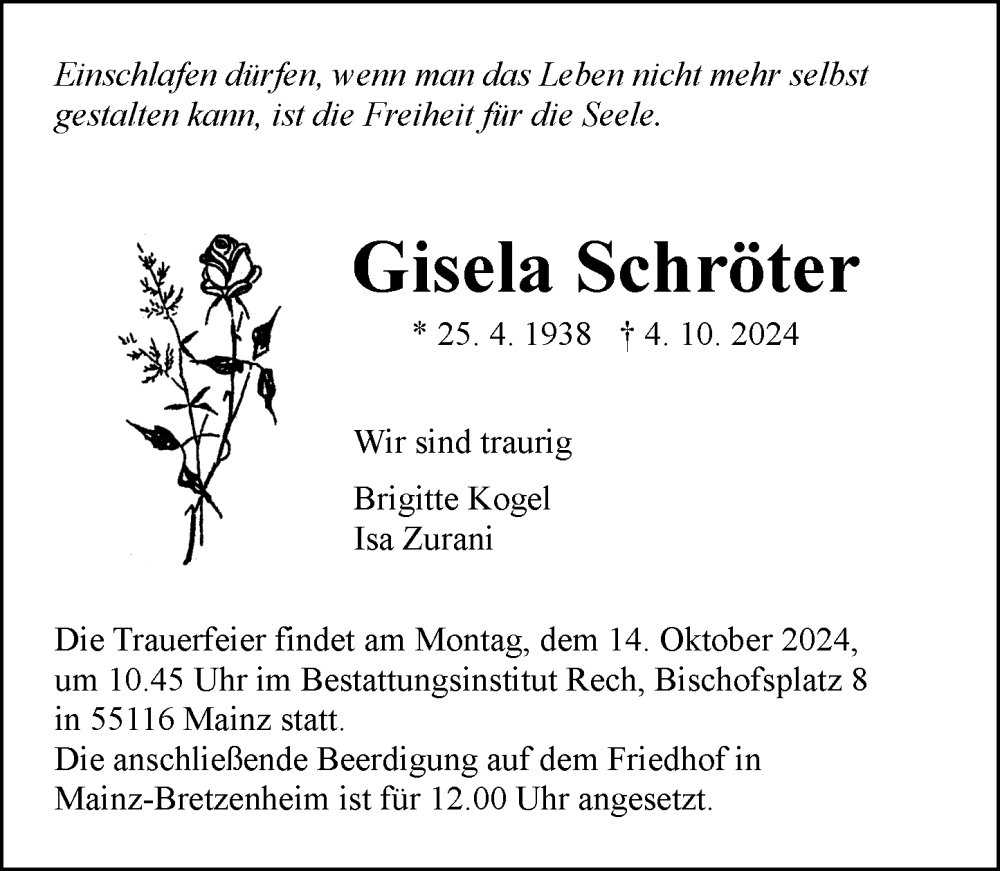  Traueranzeige für Gisela Schröter vom 12.10.2024 aus Allgemeine Zeitung Mainz