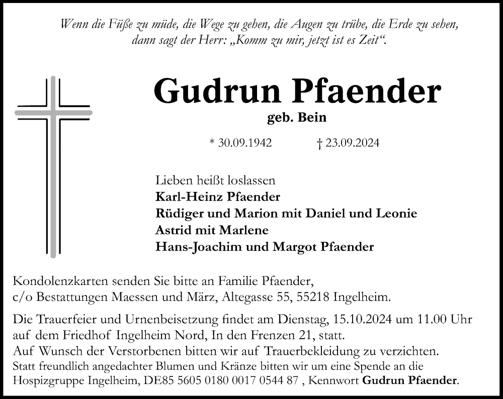  Traueranzeige für Gudrun Pfaender vom 05.10.2024 aus Allgemeine Zeitung Rheinhessen-Nahe