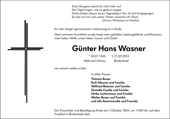 Traueranzeige von Günter Hans Wasner von Hinterländer Anzeiger