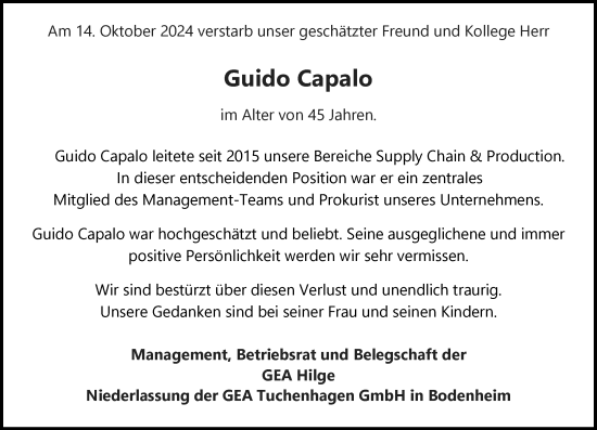 Traueranzeige von Guido Capalo von Allgemeine Zeitung Mainz