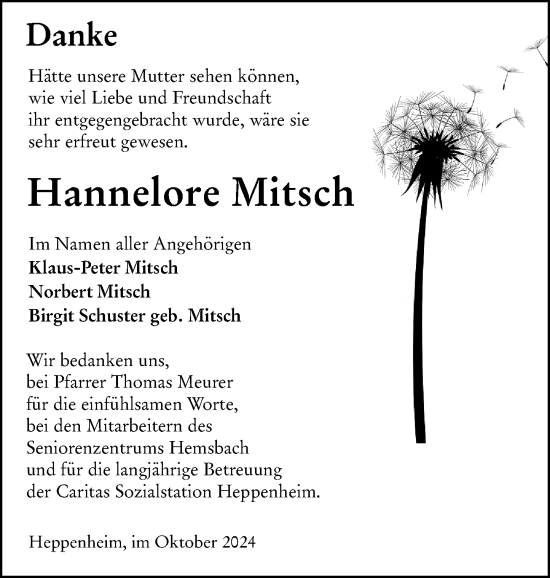 Traueranzeige von Hannelore Mitsch von Starkenburger Echo