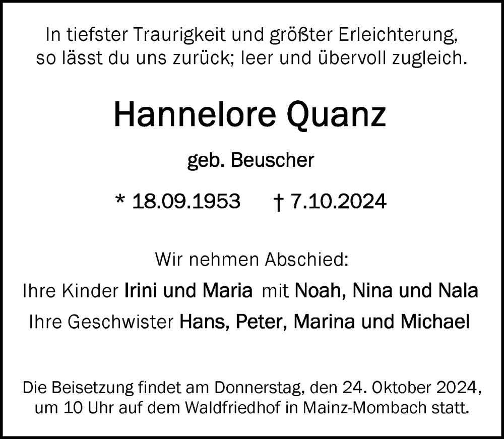  Traueranzeige für Hannelore Quanz vom 19.10.2024 aus Allgemeine Zeitung Mainz