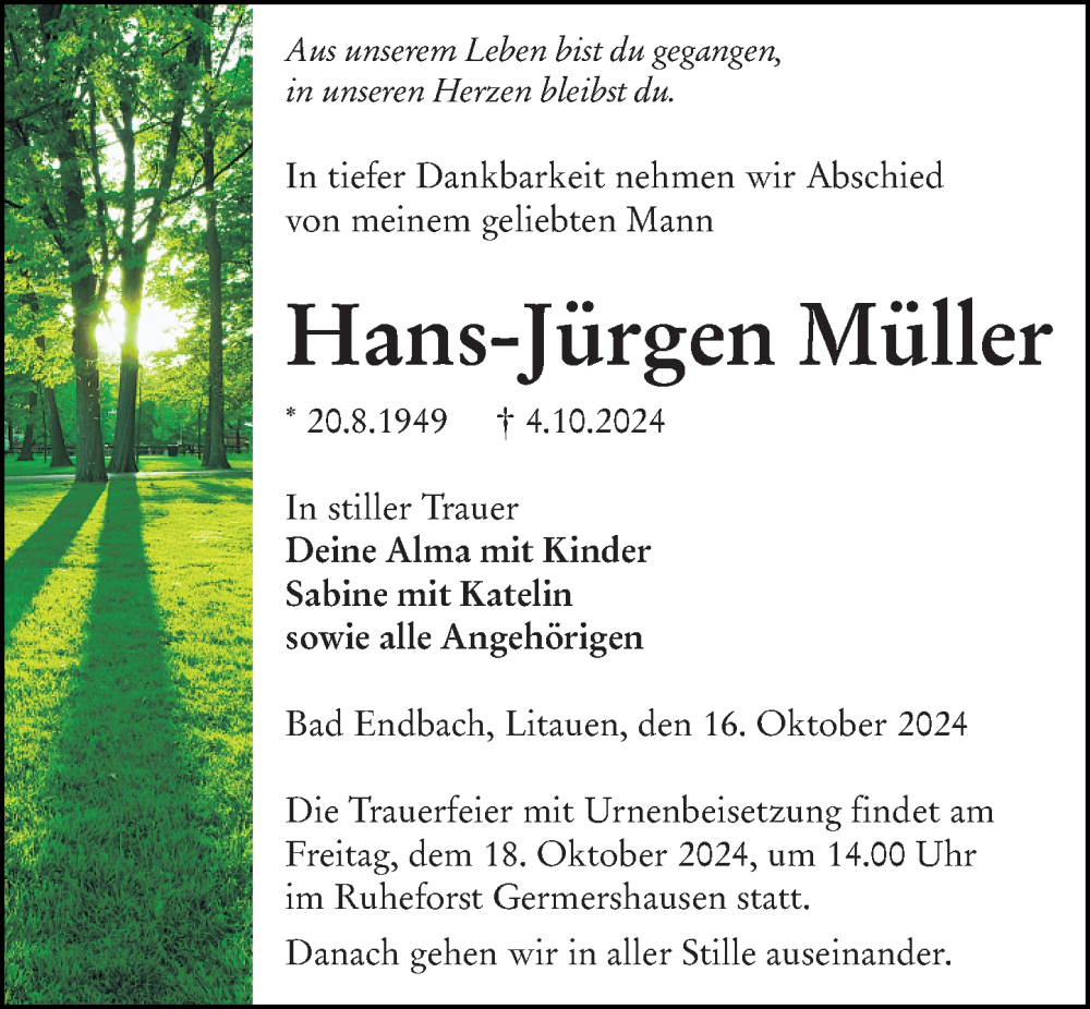  Traueranzeige für Hans-Jürgen Müller vom 16.10.2024 aus Hinterländer Anzeiger