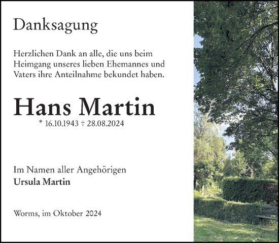 Traueranzeige von Hans Martin von Wormser Zeitung