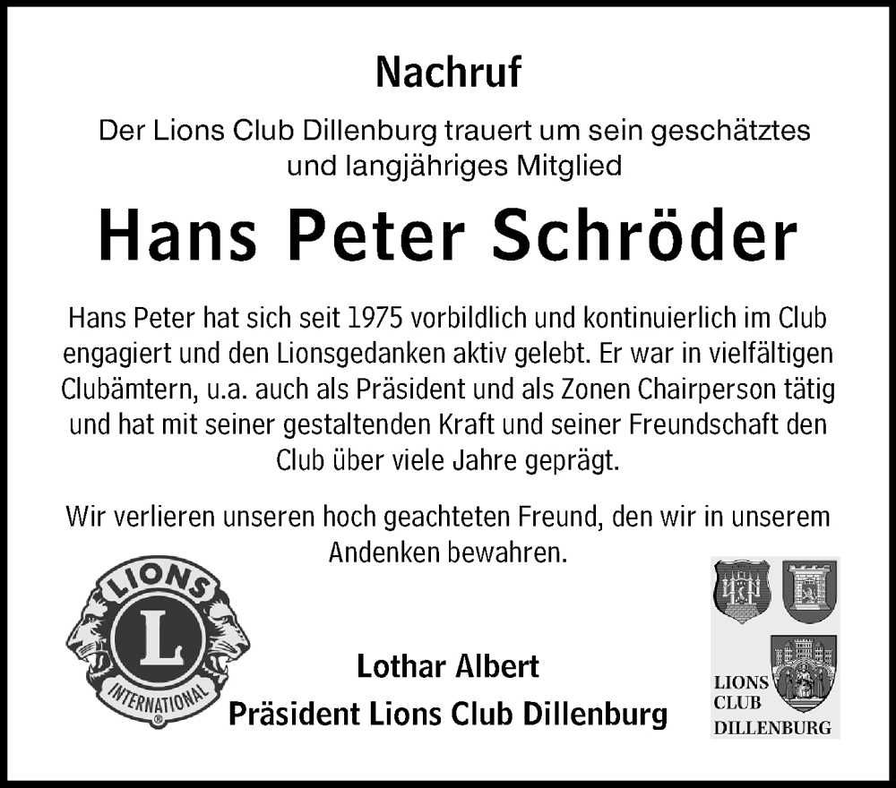  Traueranzeige für Hans Peter Schröder vom 19.10.2024 aus Dill Block