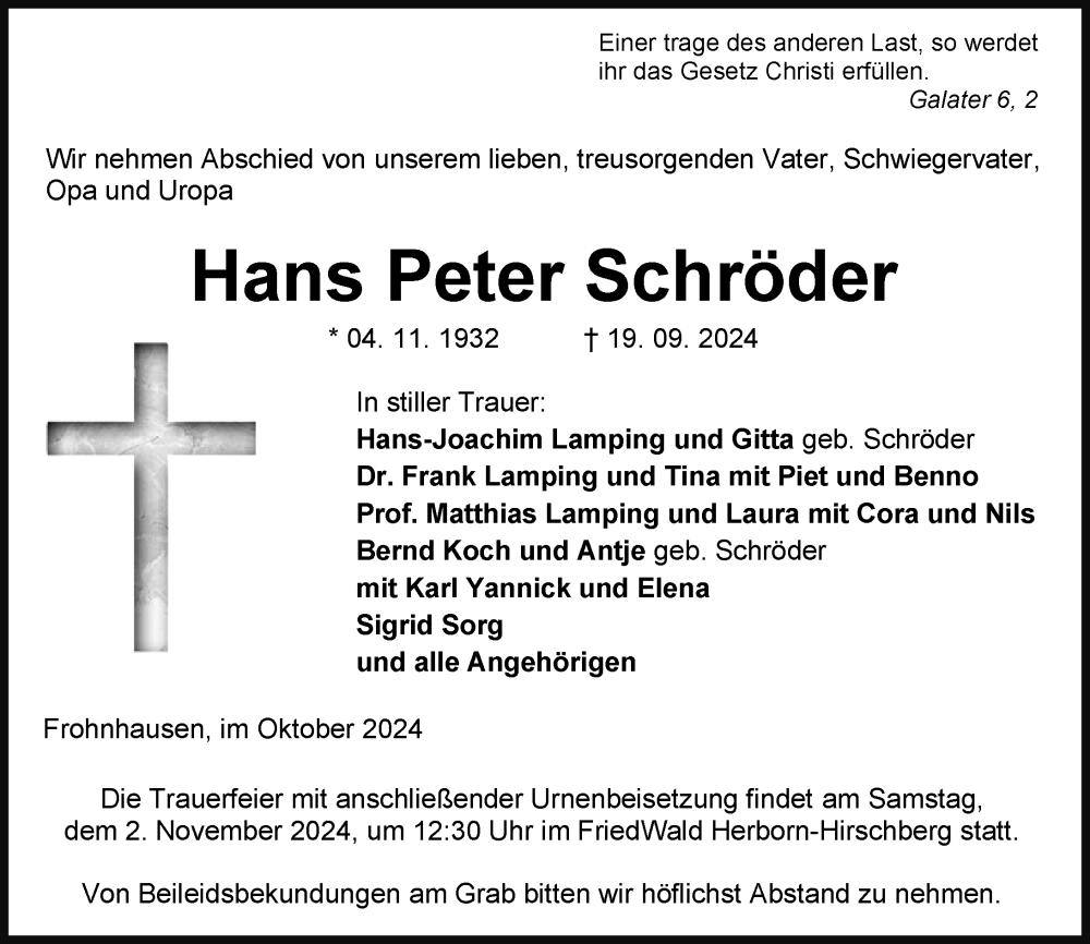  Traueranzeige für Hans Peter Schröder vom 16.10.2024 aus Dill Block