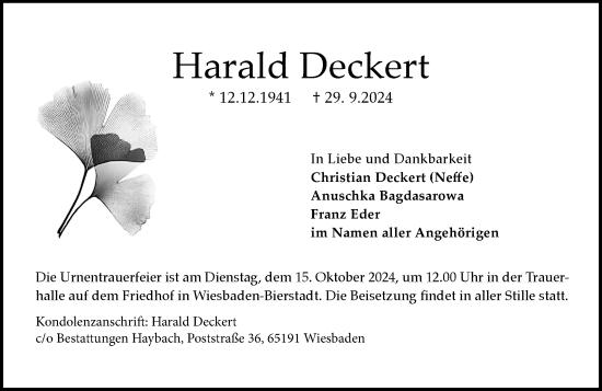 Traueranzeige von Harald Deckert von Wiesbadener Kurier