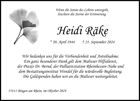 Traueranzeige von Heidi Räke von Allgemeine Zeitung Rheinhessen-Nahe