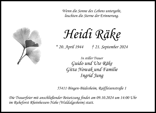 Traueranzeige von Heidi Räke von Allgemeine Zeitung Rheinhessen-Nahe
