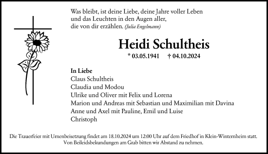 Traueranzeige von Heidi Schultheis von Allgemeine Zeitung Mainz