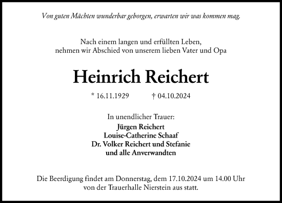 Traueranzeige von Heinrich Reichert von Allgemeine Zeitung Mainz