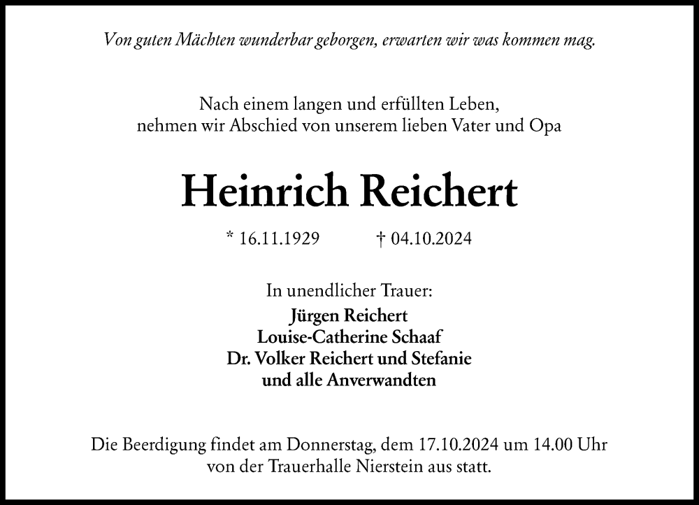  Traueranzeige für Heinrich Reichert vom 12.10.2024 aus Allgemeine Zeitung Mainz