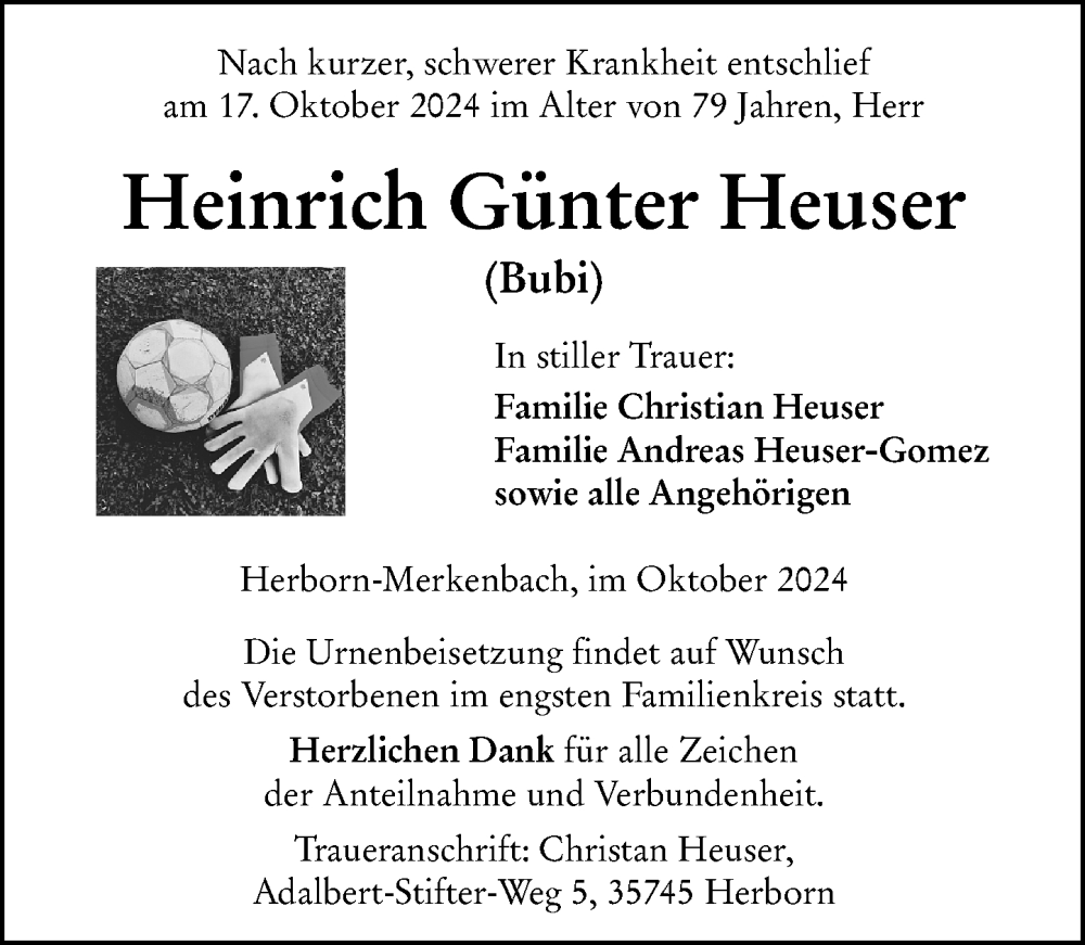  Traueranzeige für Heinrich Günter Heuser vom 22.10.2024 aus Dill Block