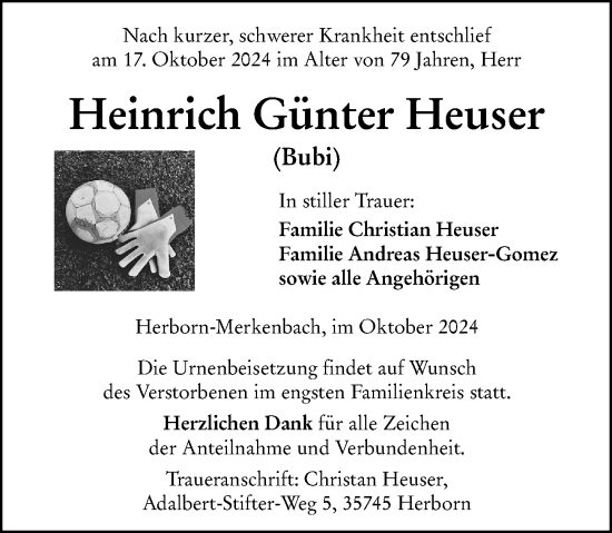Traueranzeige von Heinrich Günter Heuser von Dill Block