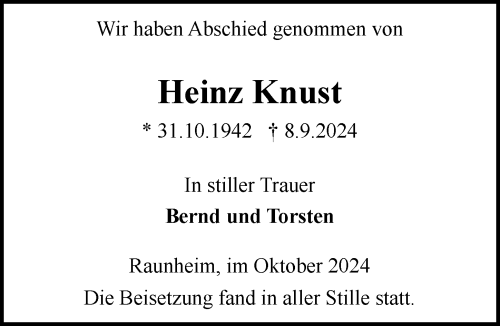  Traueranzeige für Heinz Knust vom 05.10.2024 aus Rüsselsheimer Echo