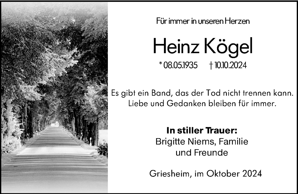  Traueranzeige für Heinz Kögel vom 26.10.2024 aus Darmstädter Echo