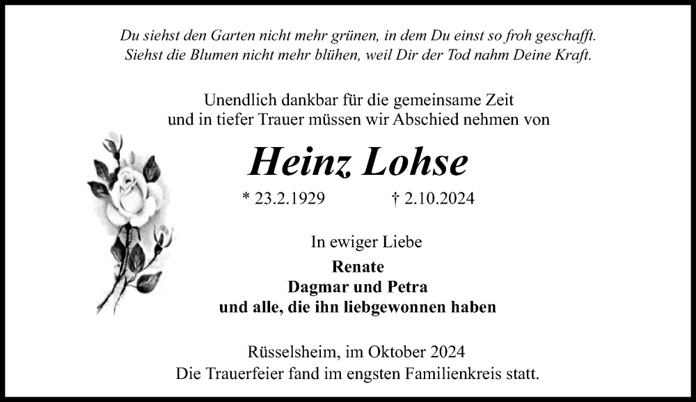  Traueranzeige für Heinz Lohse vom 26.10.2024 aus Rüsselsheimer Echo