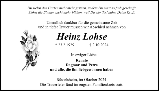 Traueranzeige von Heinz Lohse von Rüsselsheimer Echo