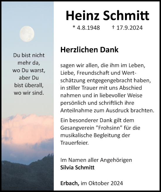 Traueranzeige von Heinz Schmitt von Camberger Anzeiger