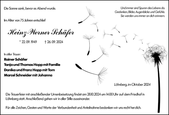 Traueranzeige von Heinz-Werner Schäfer von Weilburger Tageblatt