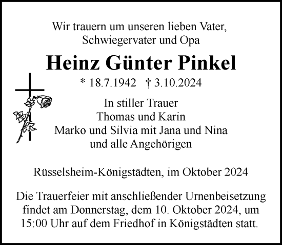Traueranzeige von Heinz Günter Pinkel von Rüsselsheimer Echo