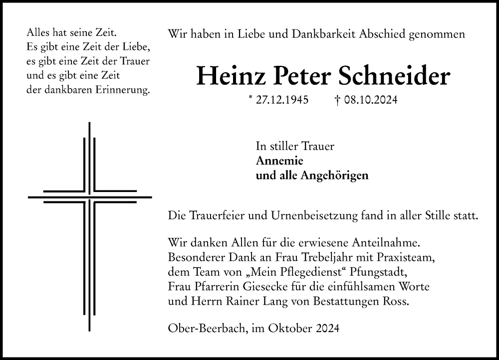  Traueranzeige für Heinz Peter Schneider vom 26.10.2024 aus Darmstädter Echo