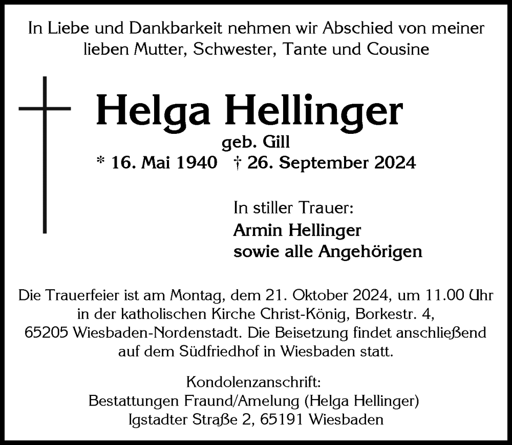  Traueranzeige für Helga Hellinger vom 05.10.2024 aus Wiesbadener Kurier