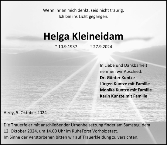 Traueranzeige von Helga Kleineidam von Allgemeine Zeitung Alzey