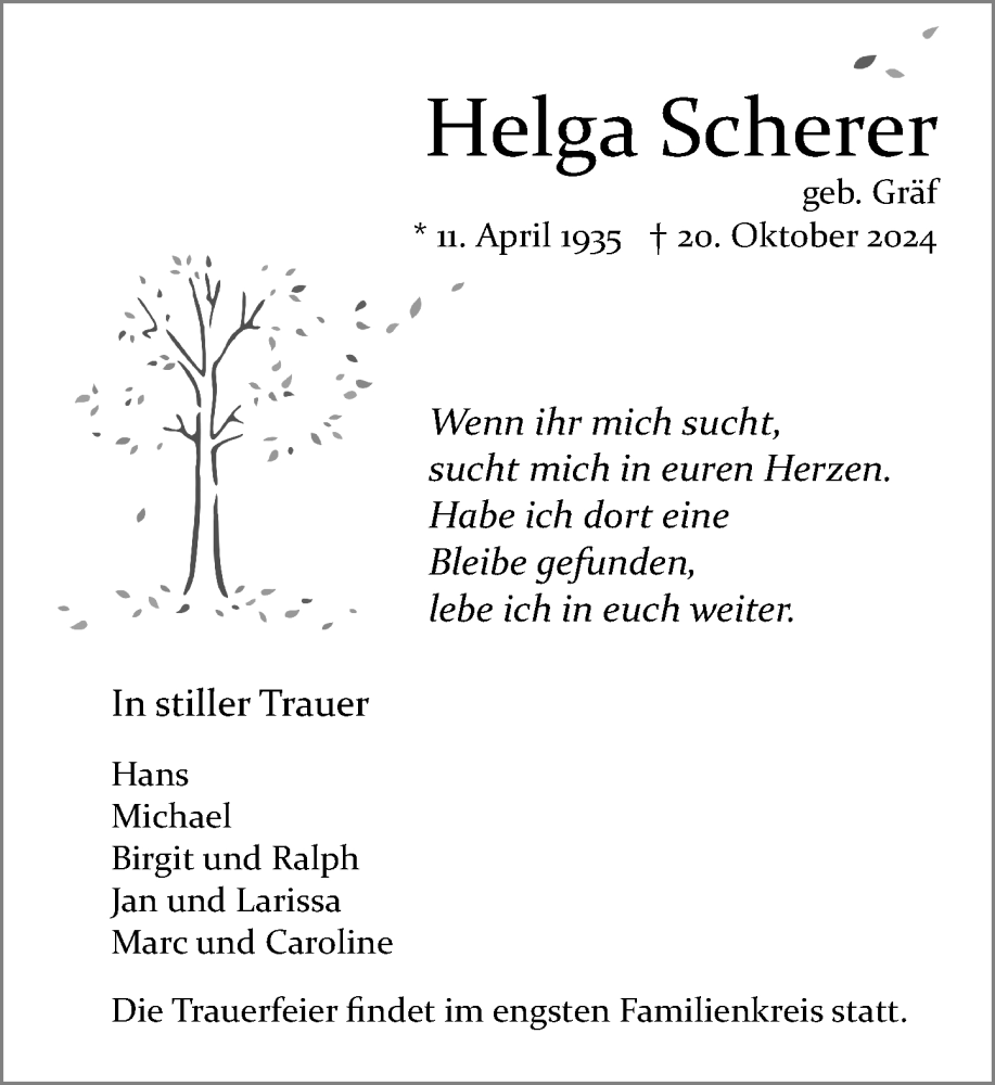  Traueranzeige für Helga Scherer vom 26.10.2024 aus Wiesbadener Kurier