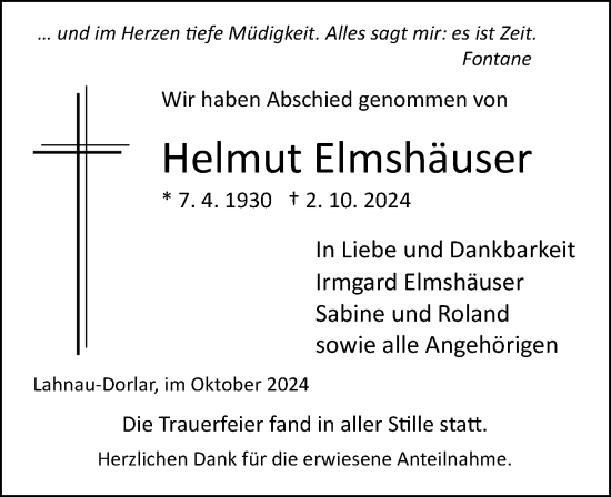 Traueranzeige von Helmut Elmshäuser von Wetzlarer Neue Zeitung