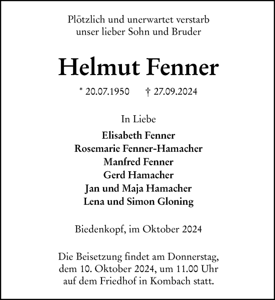 Traueranzeige von Helmut Fenner von Hinterländer Anzeiger