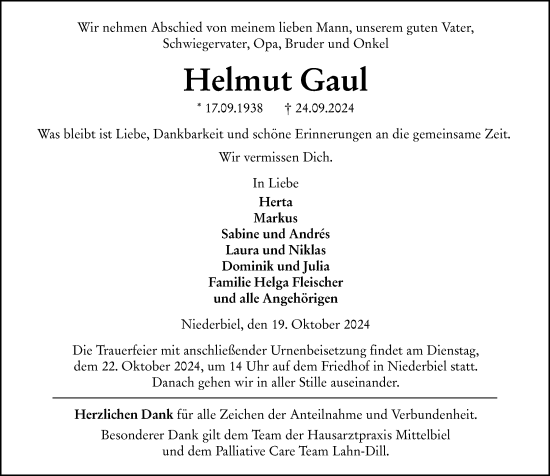 Traueranzeige von Helmut Gaul von Wetzlarer Neue Zeitung