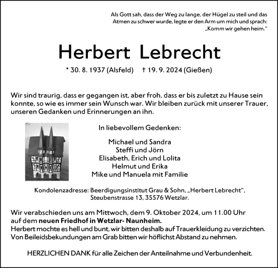 Traueranzeige von Herbert Lebrecht von Wetzlarer Neue Zeitung