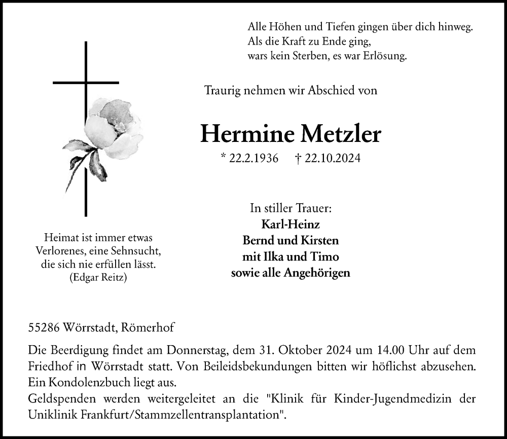  Traueranzeige für Hermine Metzler vom 29.10.2024 aus Allgemeine Zeitung Alzey
