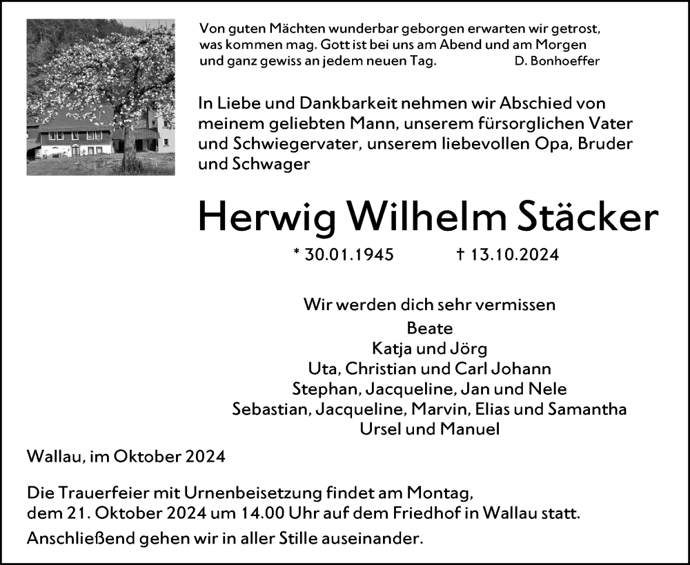  Traueranzeige für Herwig Wilhelm Stäcker vom 17.10.2024 aus Hinterländer Anzeiger